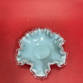 Vintage Glass Turquoise Silver Crest 6" Bowl Ruffled Edge 1950s