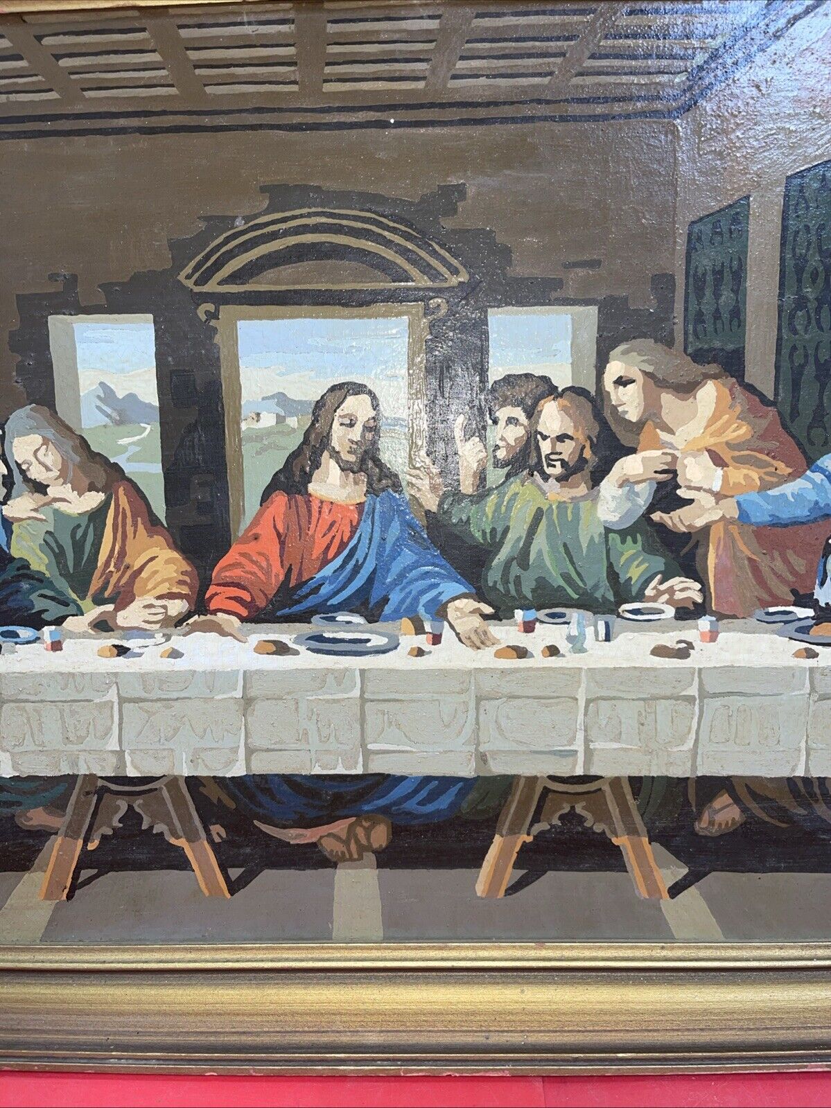 Vintage Paint by Numbers Jesus Last Supper Mid Century PBN Framed 34”x 17”