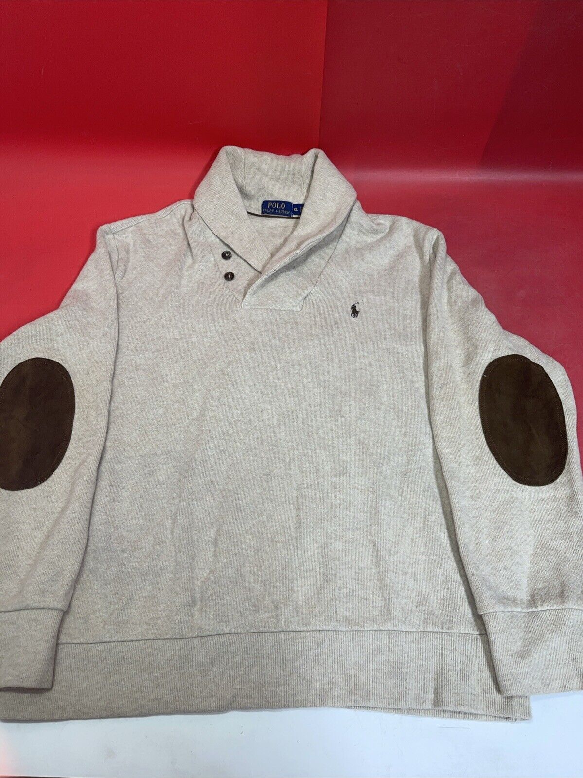 Polo Ralph Lauren Sweater Size XL Mens  Shawl Collar Button Elbow Patch Pony