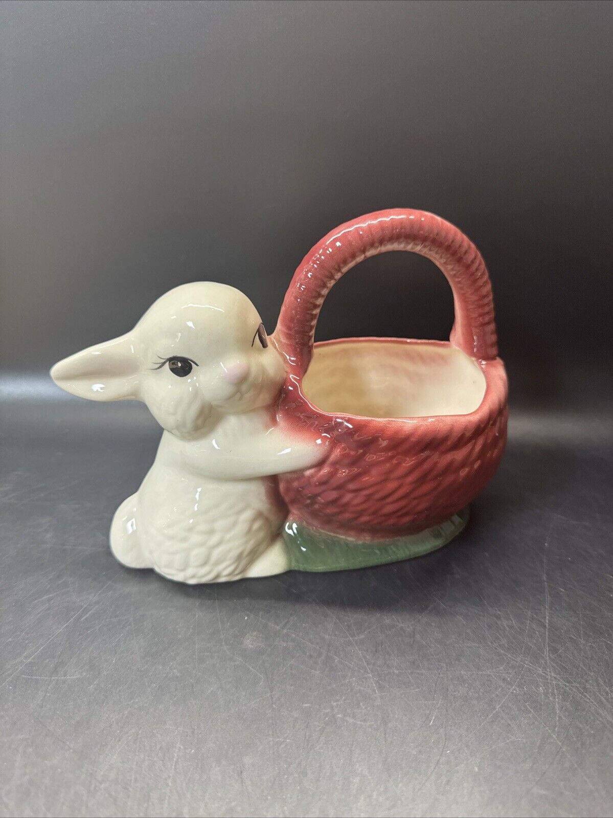 Vintage Bunny Figurine With Basket Planter