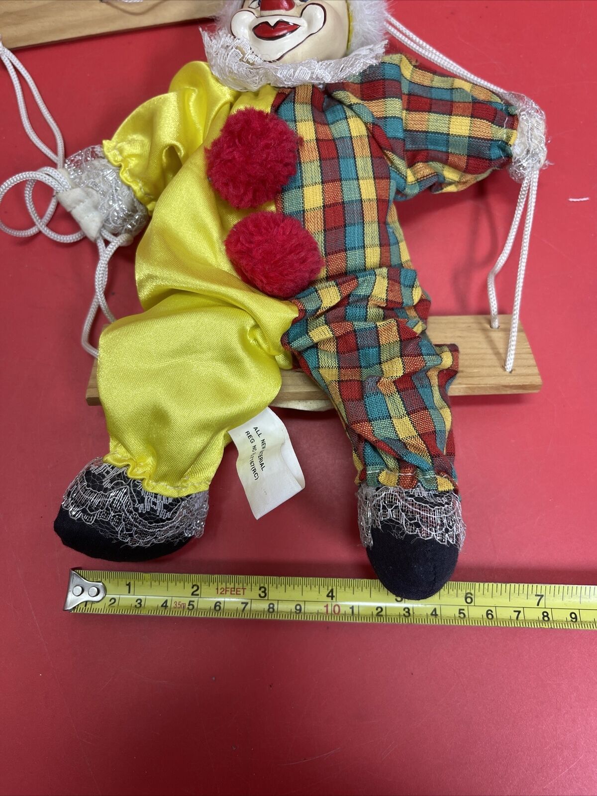 Clown Marionette Puppet With Porcelain Face On Swing 9” Figure - Preowned