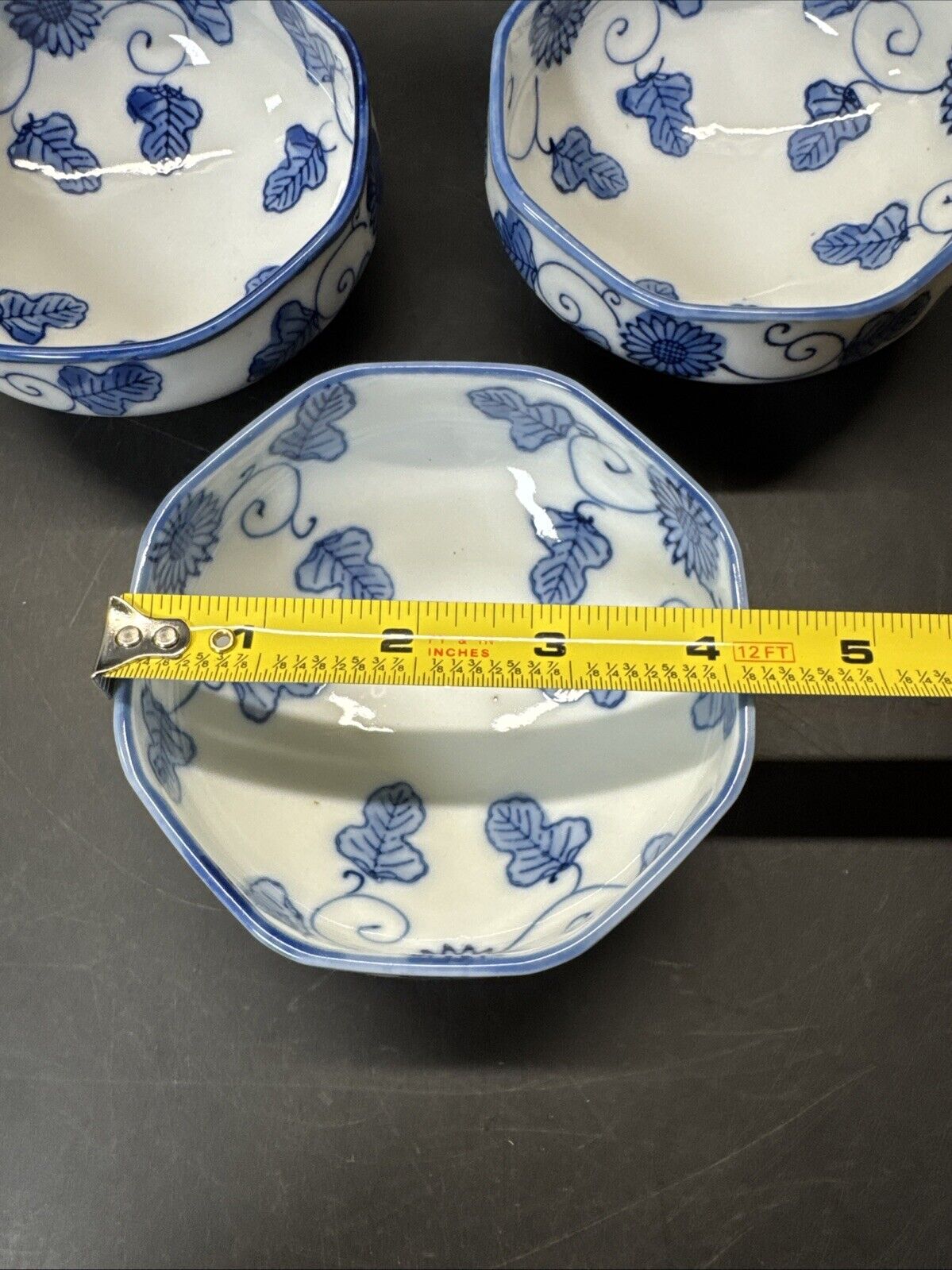 Vintage Otigiri Octagon OMC Japan China Blue White Leaf Rice Bowl/ Set Of 3