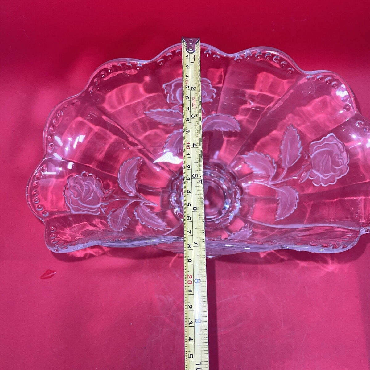 Vtg Imperlux Hand Cut Crystal Footed Centerpiece Bowl Emrossed Frosted Roses