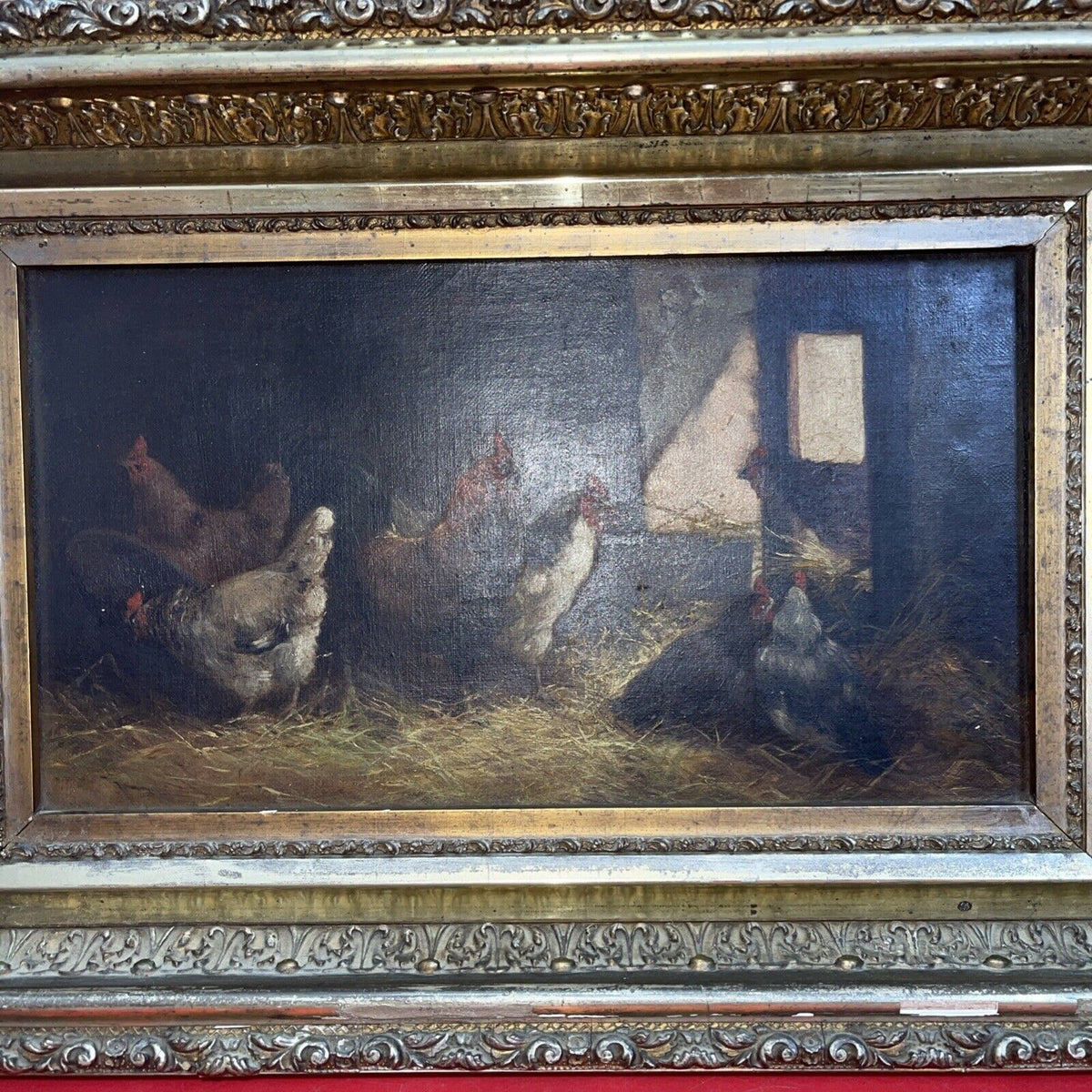 Antique Folk Art Barnyard Oil Painting Chickens  Rooster 1900’s