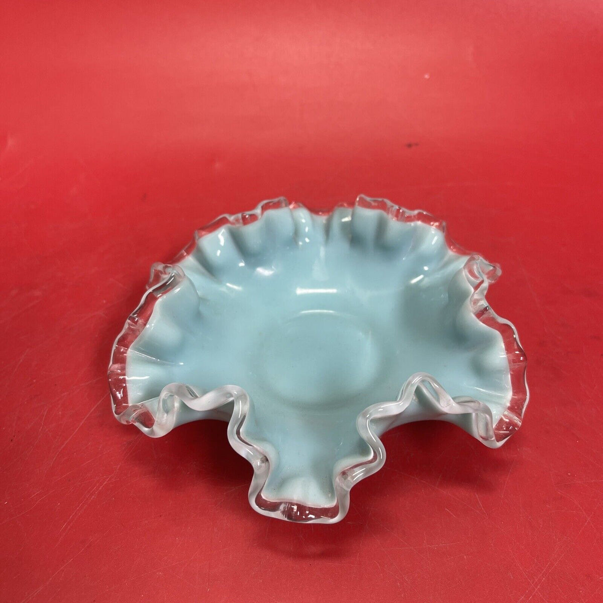 Vintage Glass Turquoise Silver Crest 6" Bowl Ruffled Edge 1950s