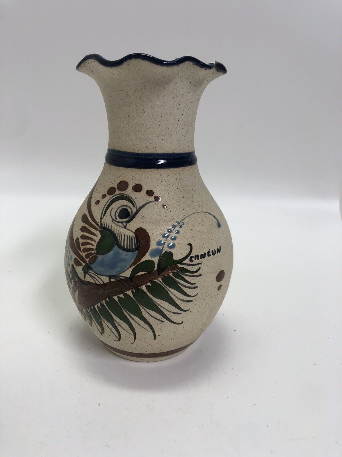 Vintage vase  Tonala Pottery Mexican Folk Art Bird Flowers Sand Stone Signed JC