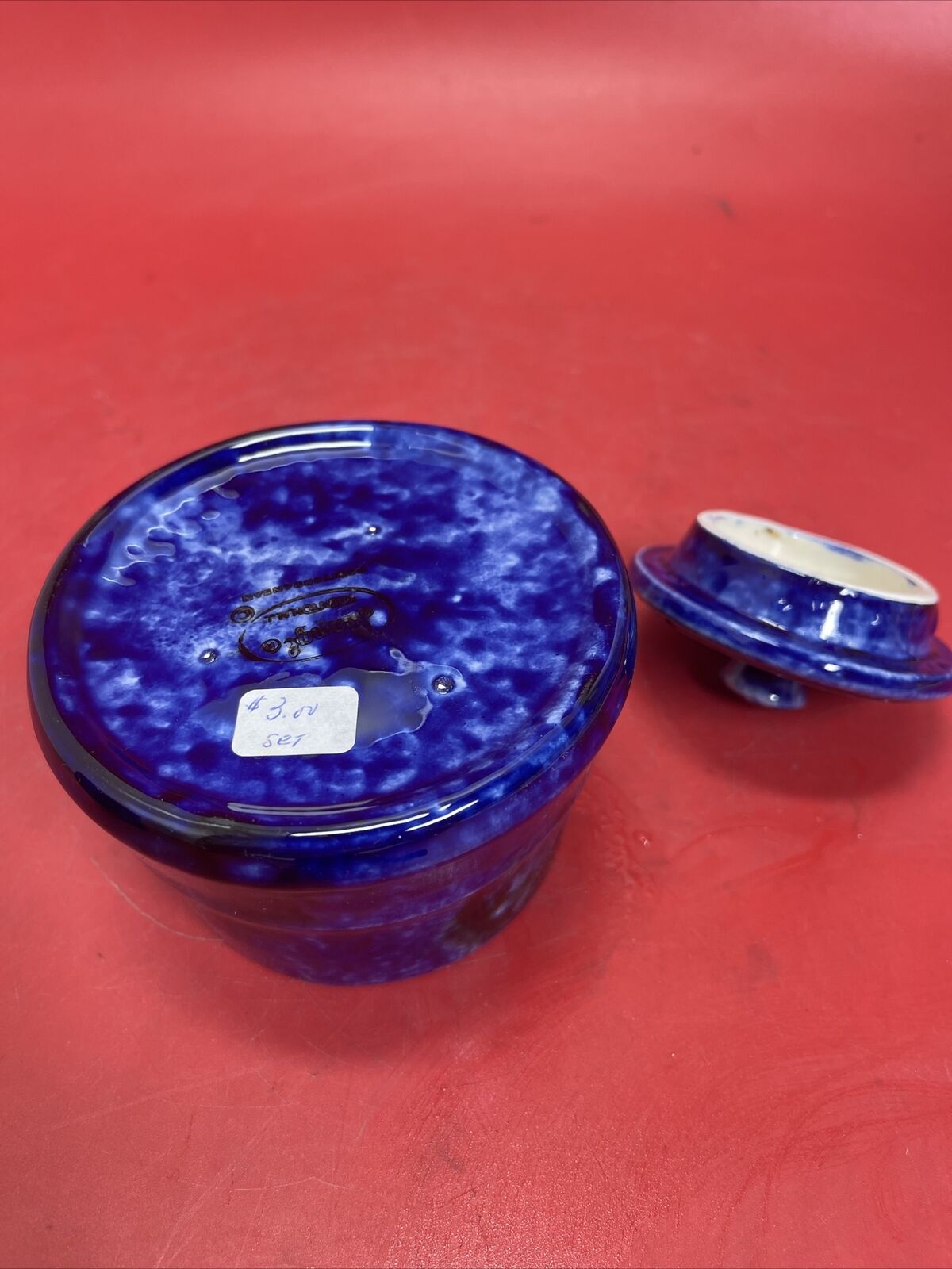 Blue and White Stoneware Sponge ware Milk Pitcher & Sugar in Cobalt Blue