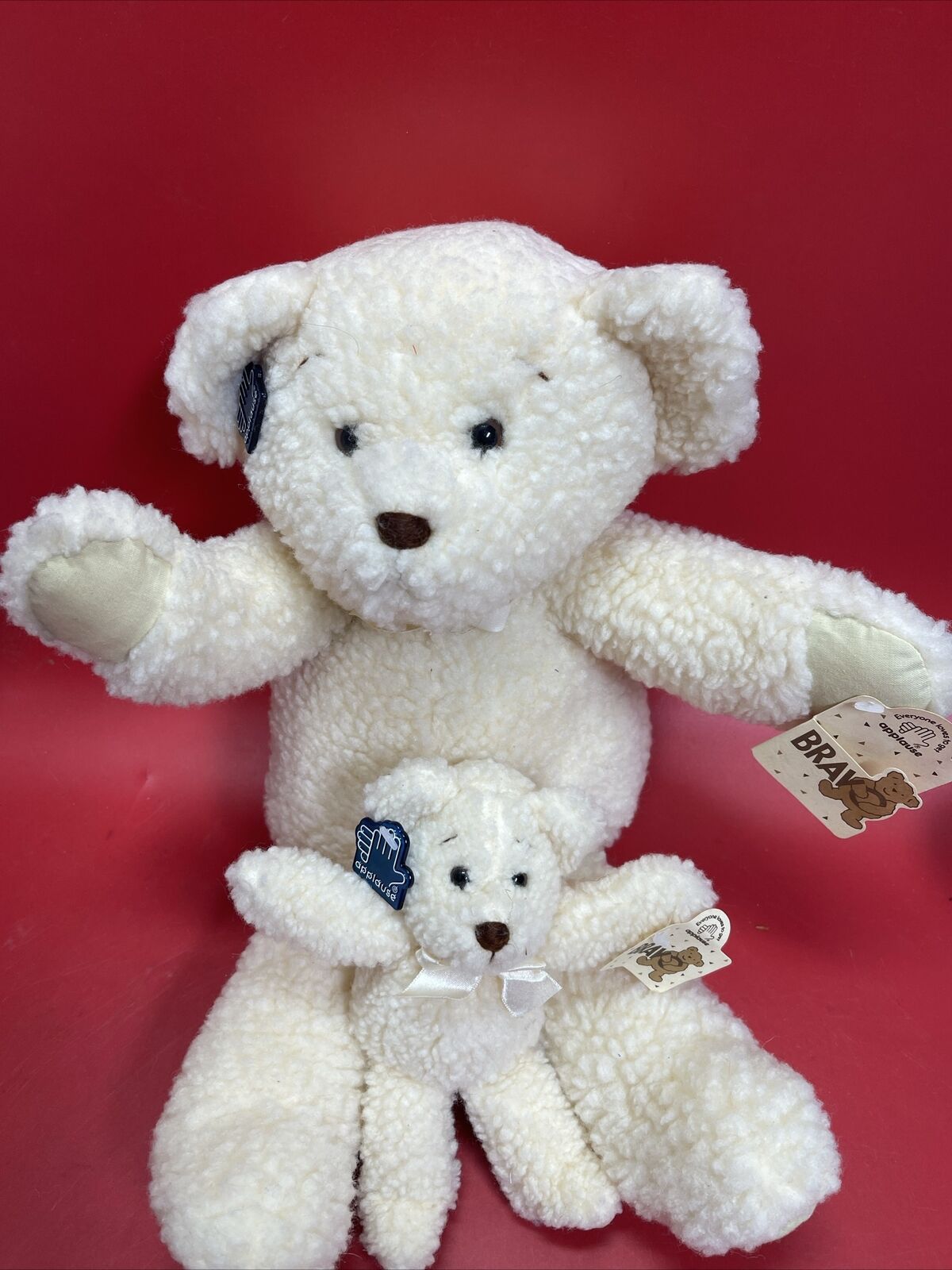 VINTAGE 86 APPLAUSE Bravo Series "Waffles" TEDDY BEAR Cream White With Bow Lot 2