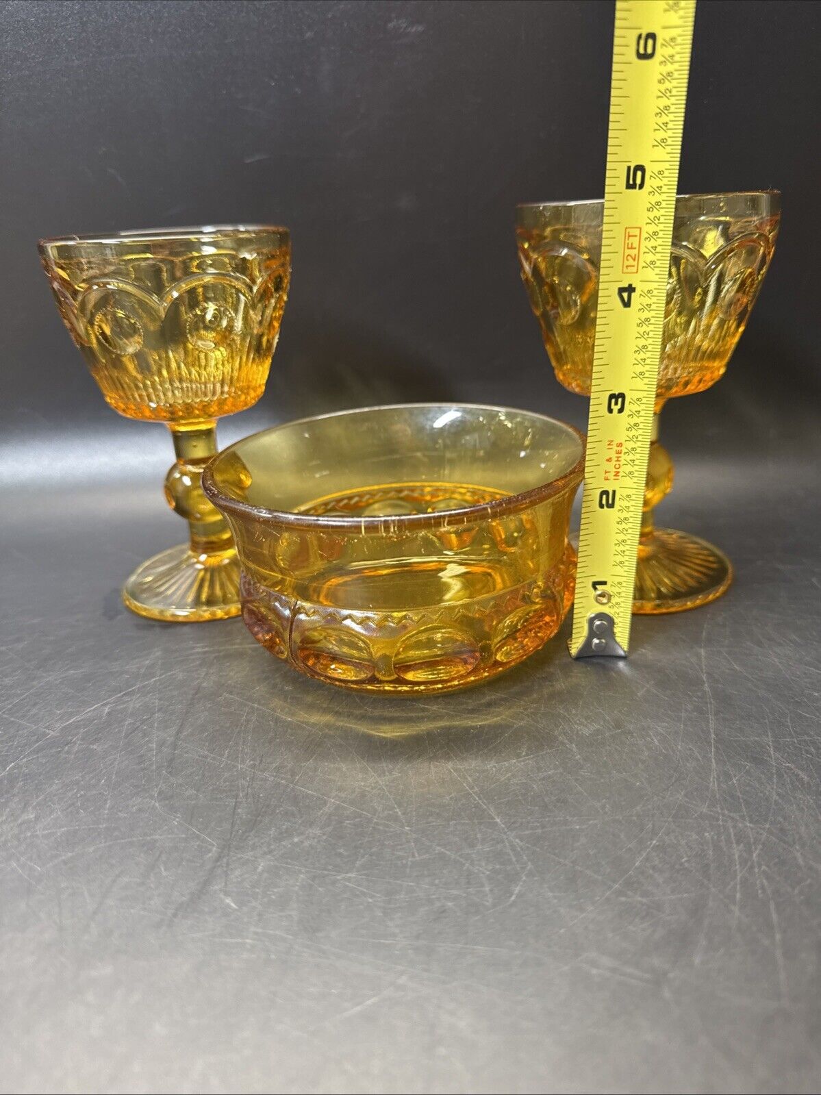 Vintage Amber Wine Or Water Goblets And Fruit Dessert Bowl/ Set Of 3pcs