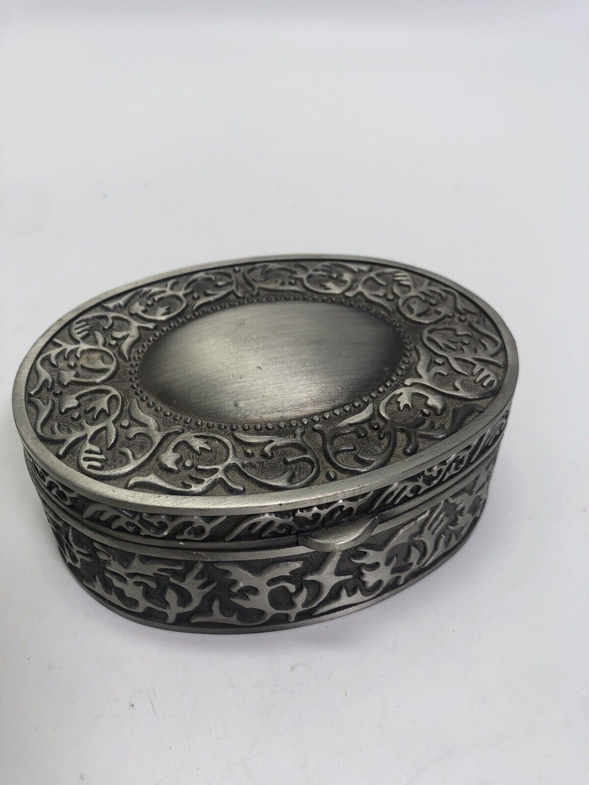 Vintage Silver Tone Acanthus Scroll Trinket Jewelry Box Dark Academia