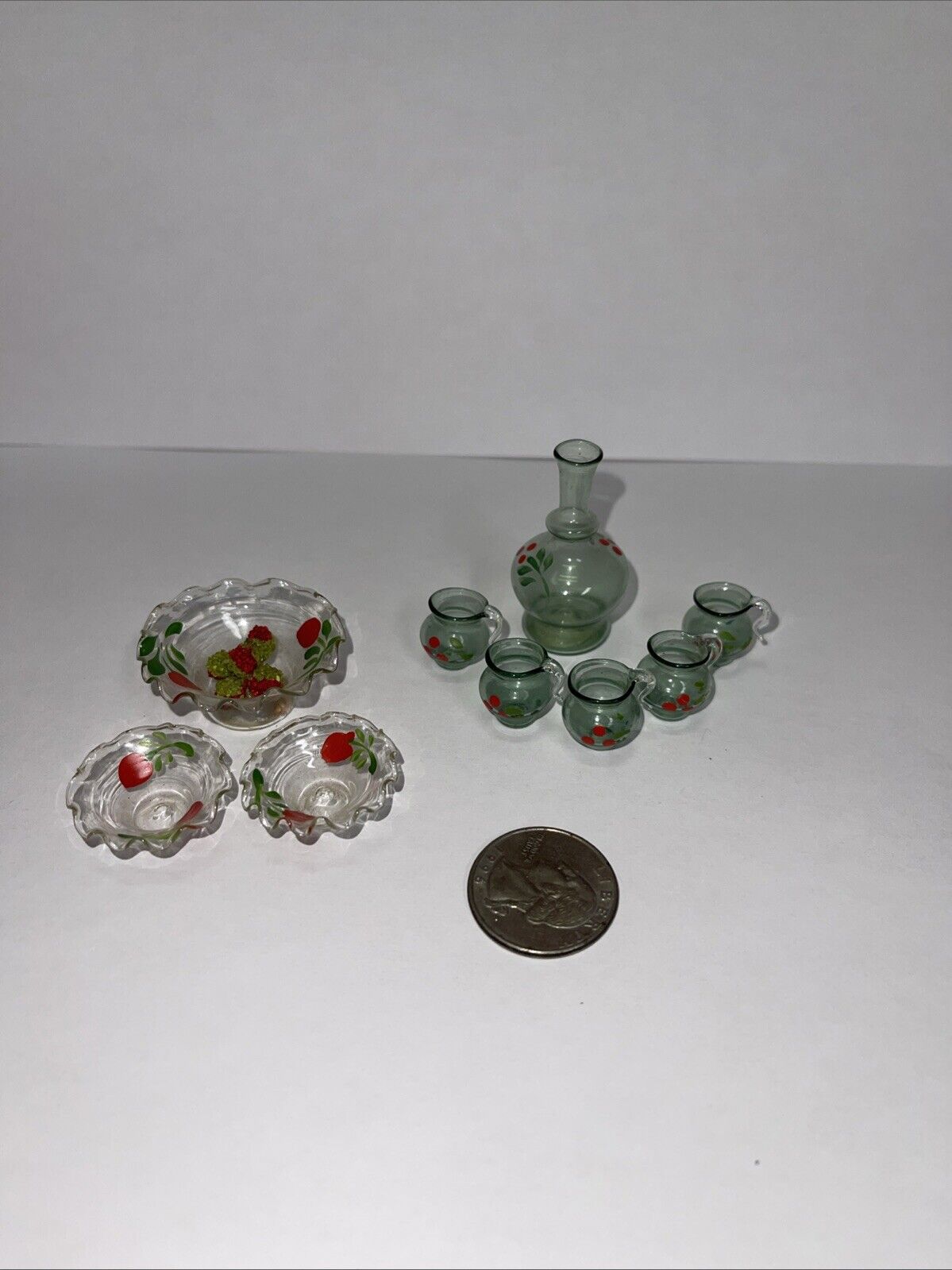 Antique Miniature Dollhouse Glass Bowl Lot 3 & US ZONE  Decanter & 5 Cups