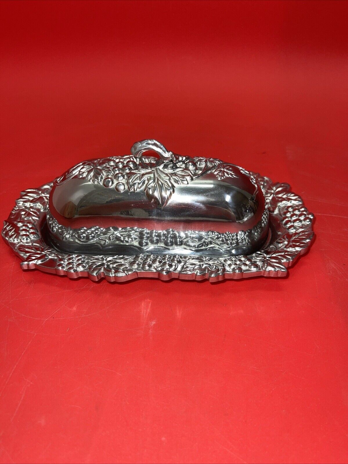 Lenox Butter Dish Grape Weave Single Stick Metal Serveware Silver Color Embossed