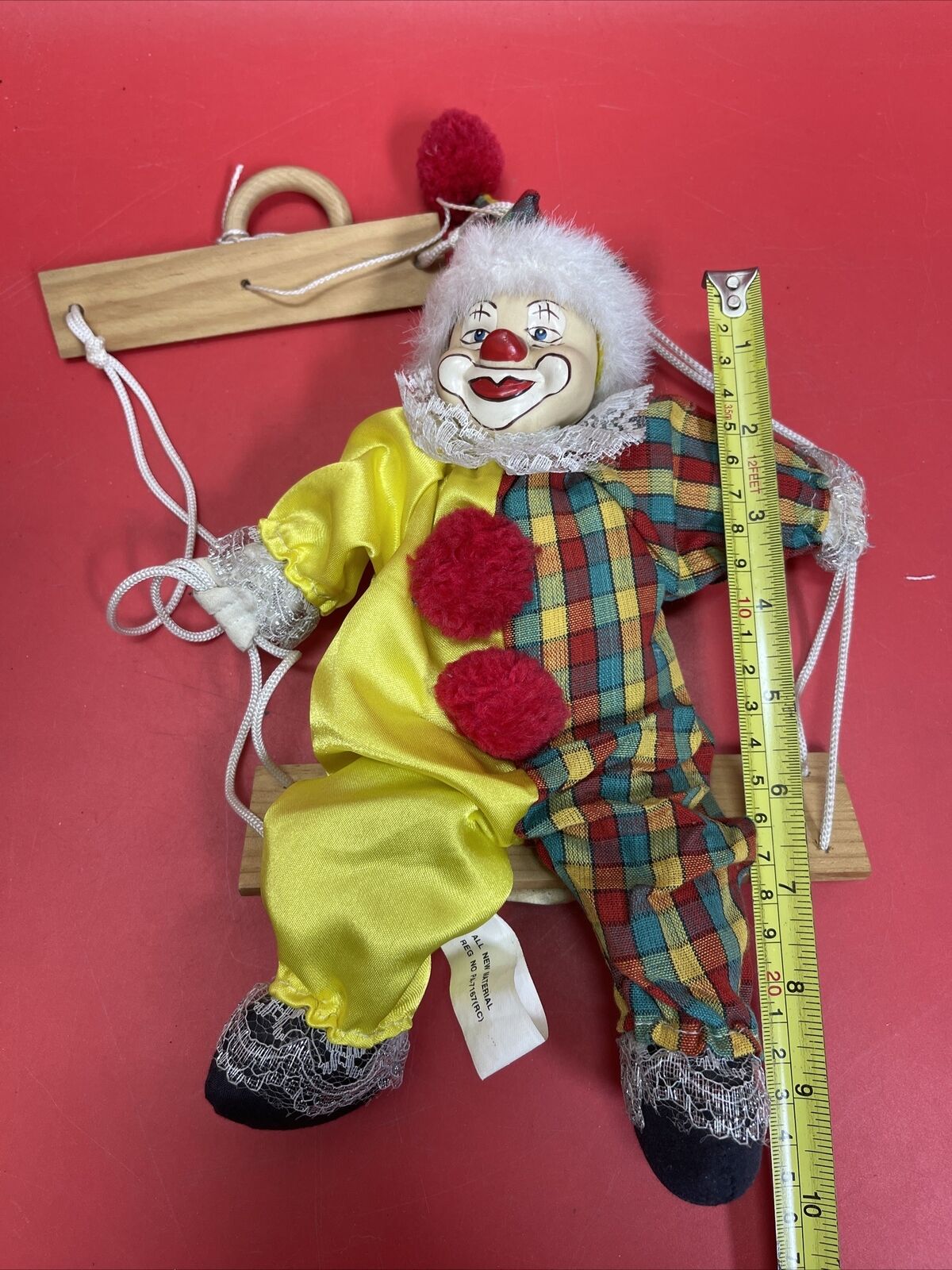 Clown Marionette Puppet With Porcelain Face On Swing 9” Figure - Preowned