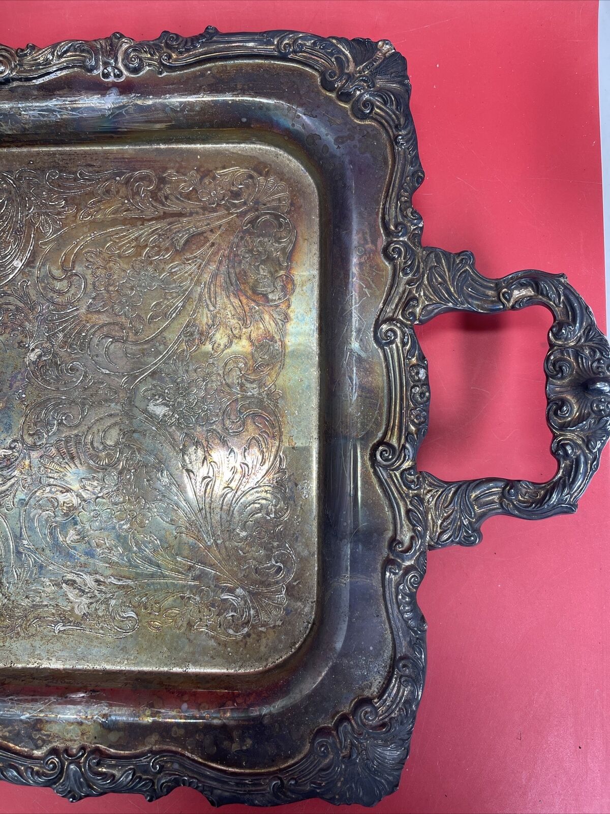 Large Antique Sheridan Footed Ornate Butter Silver Plate Tray, Maker Marks.