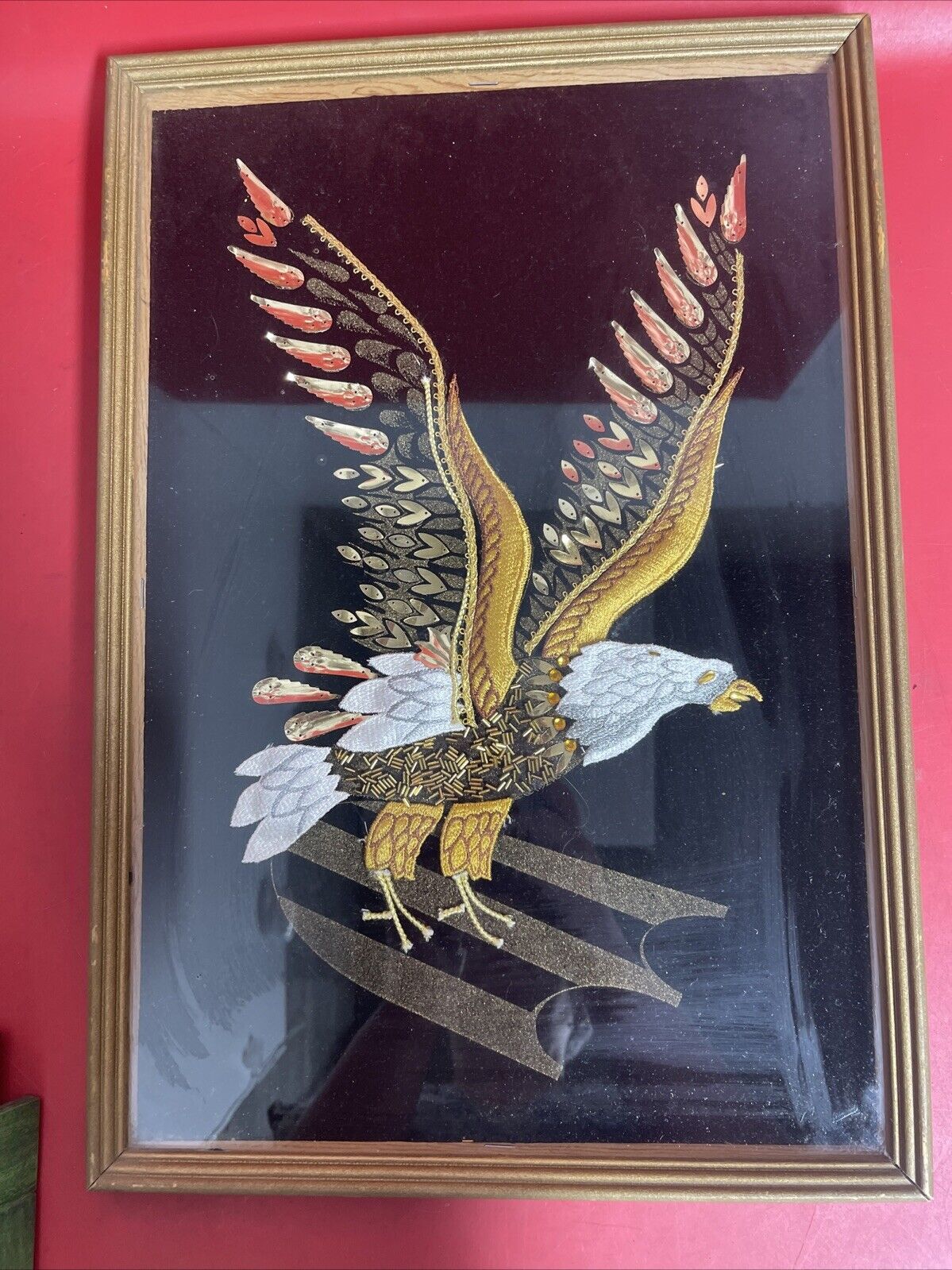 Vtg ART Velvet Bald Eagle Beaded Sequin Embroidered Applique framed under plexi.