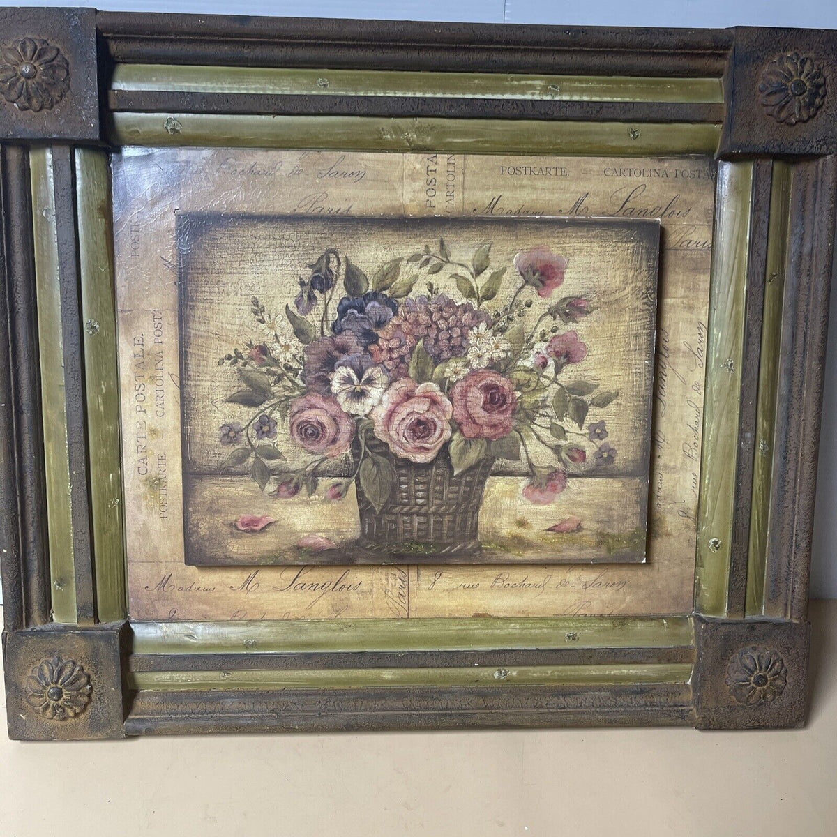 Kimberly Poloson Flowers Basket on Rustic Wooden Background Framed Print Picture