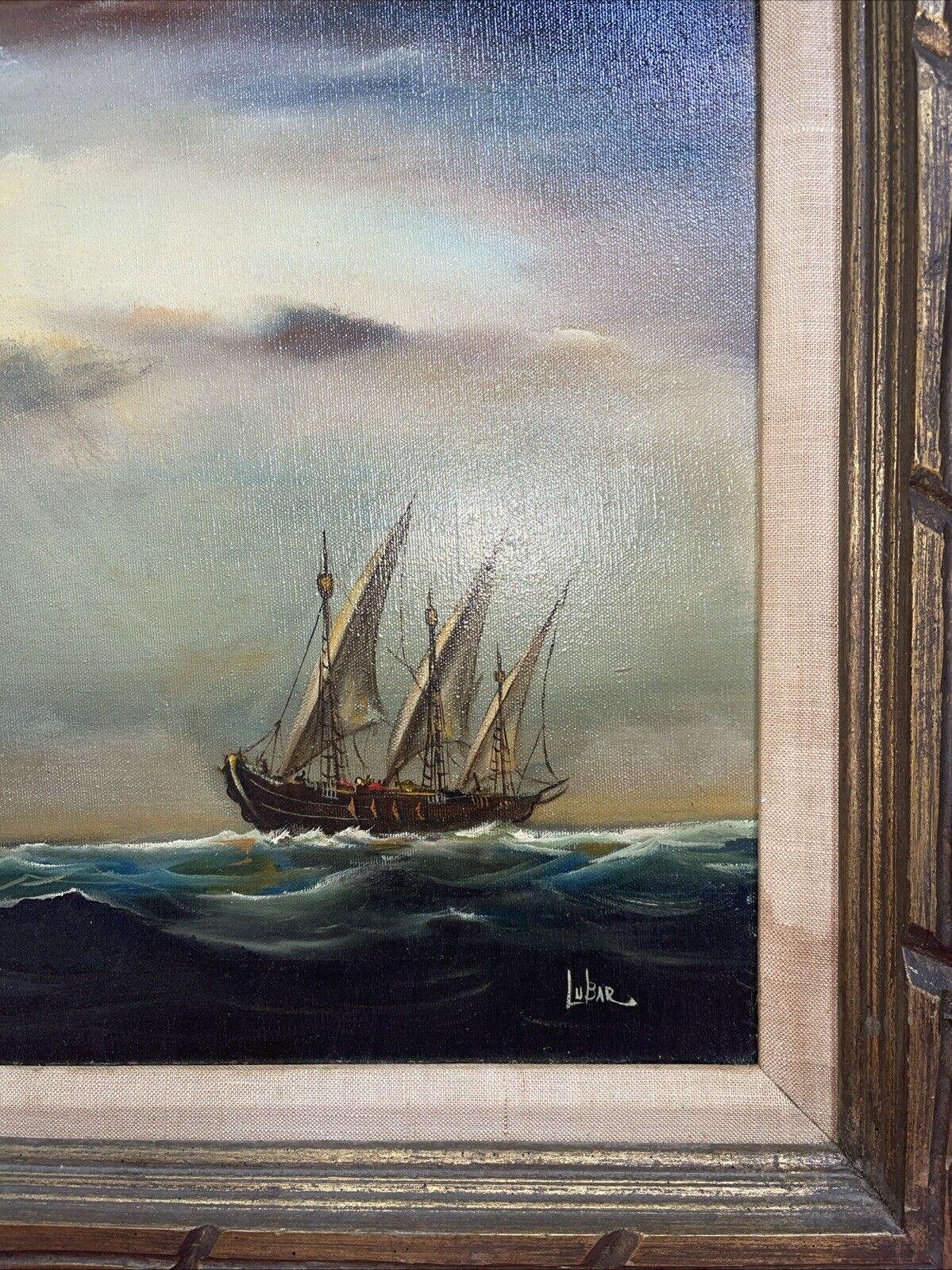 Vintage oil painting seascape ships signed by Lubar size 16”x31”