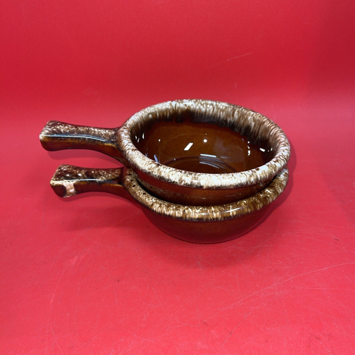 2 Vintage HULL USA Onion Soup Bowl with Brown Handle and Ceramic Clay Handle