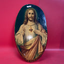 Vintage "Sacred Heart Of Jesus" Wood Slice Plaque 21”x12” With Bark Edge 1950s