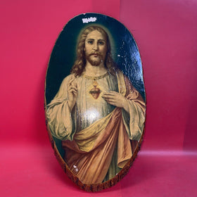 Vintage "Sacred Heart Of Jesus" Wood Slice Plaque 21”x12” With Bark Edge 1950s