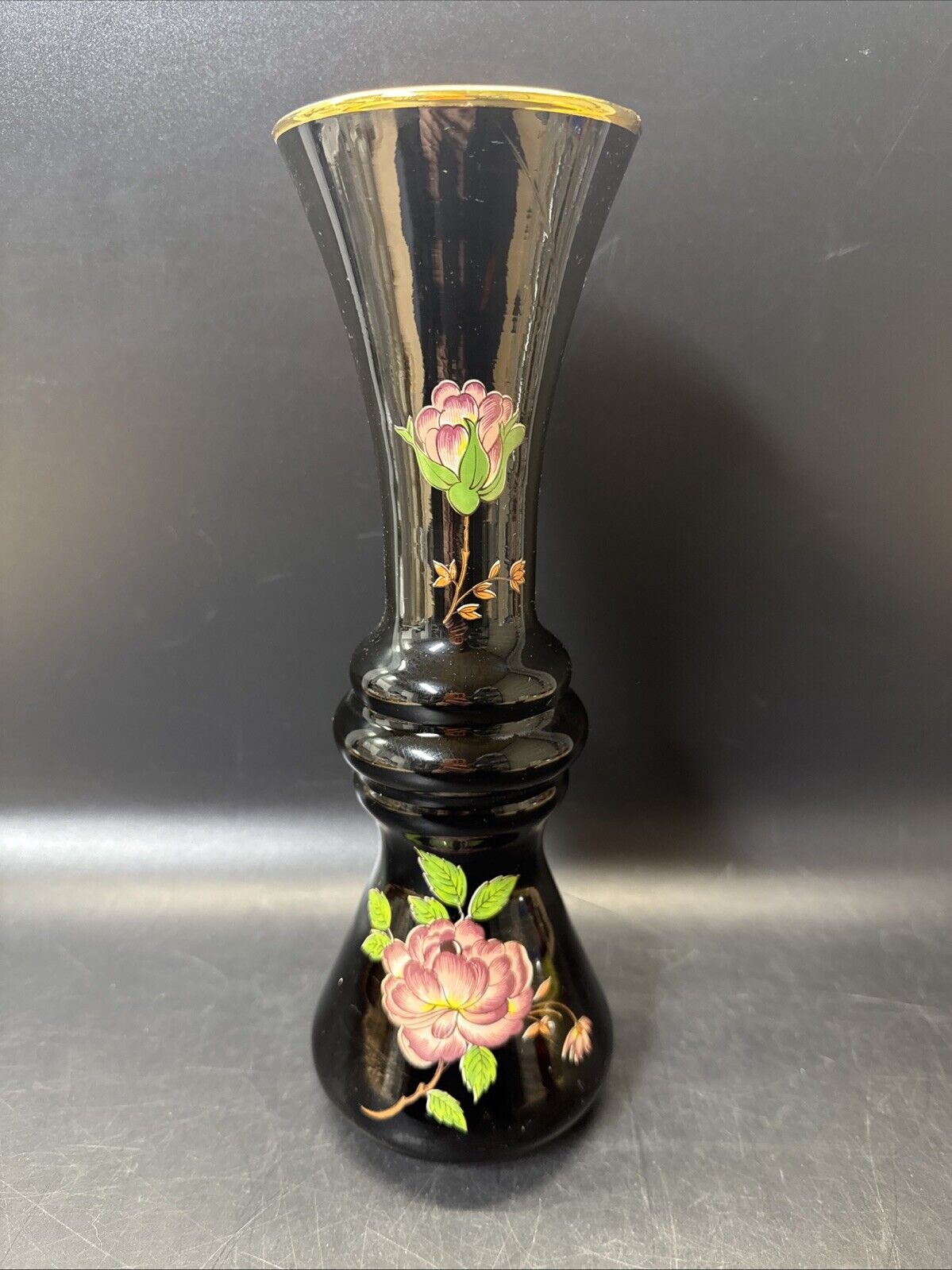Norleans Black Vase with Pink Flower Oriental Vase Made In Italy Gold Trim