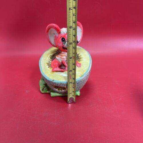 Vintage Chalkware Holiday Fair Mouse in Melon Piggy Coin Bank Neon Kitsch 1960s