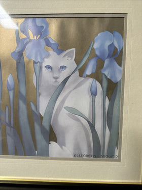 Vintage Elizabeth Brownd Cat Hiding Behind Irises Print