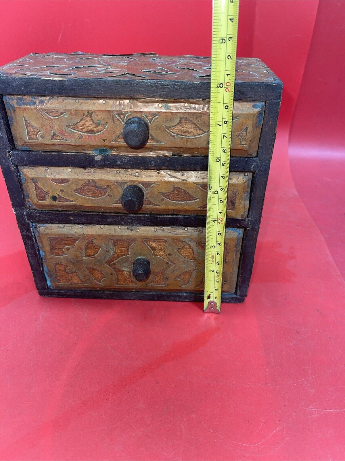 Rare Antique Vintage Wooden Chest with 3 Drawers Handmade for Jewelry