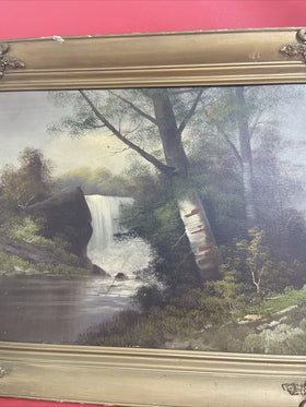 Antique Oil Painting on Cardboard Forest Landscape