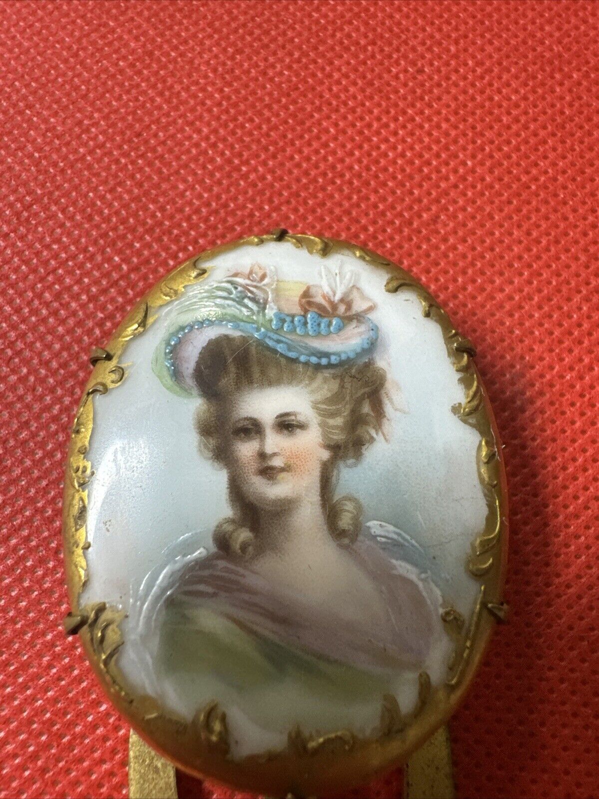 Antique Porcelain Pin Lovely Lady Hand Painted Pink Blue Gold Back Lovely