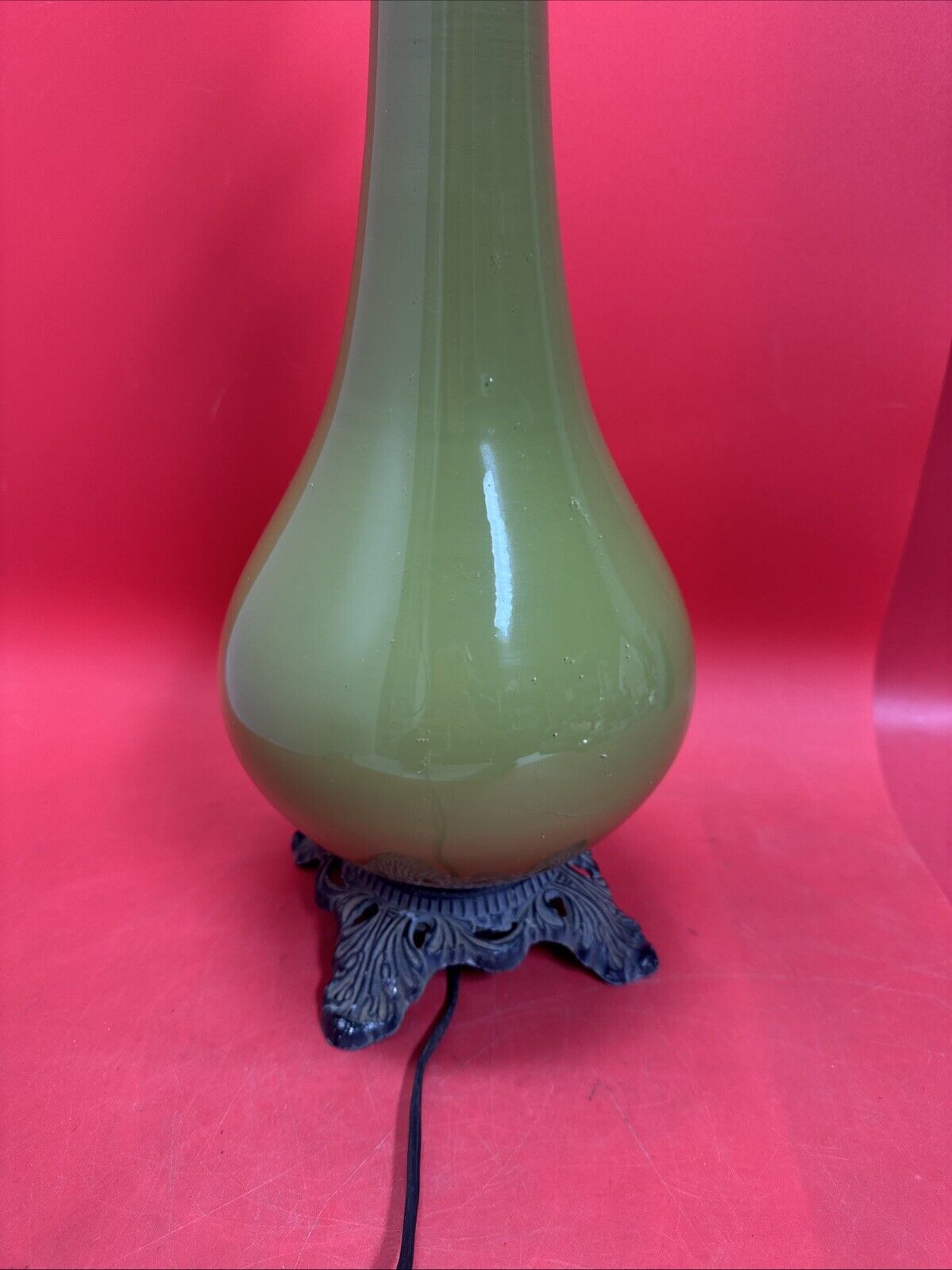 Vintage Gothic Green Porcelain and Brass Table Lamp 29.5” Tall