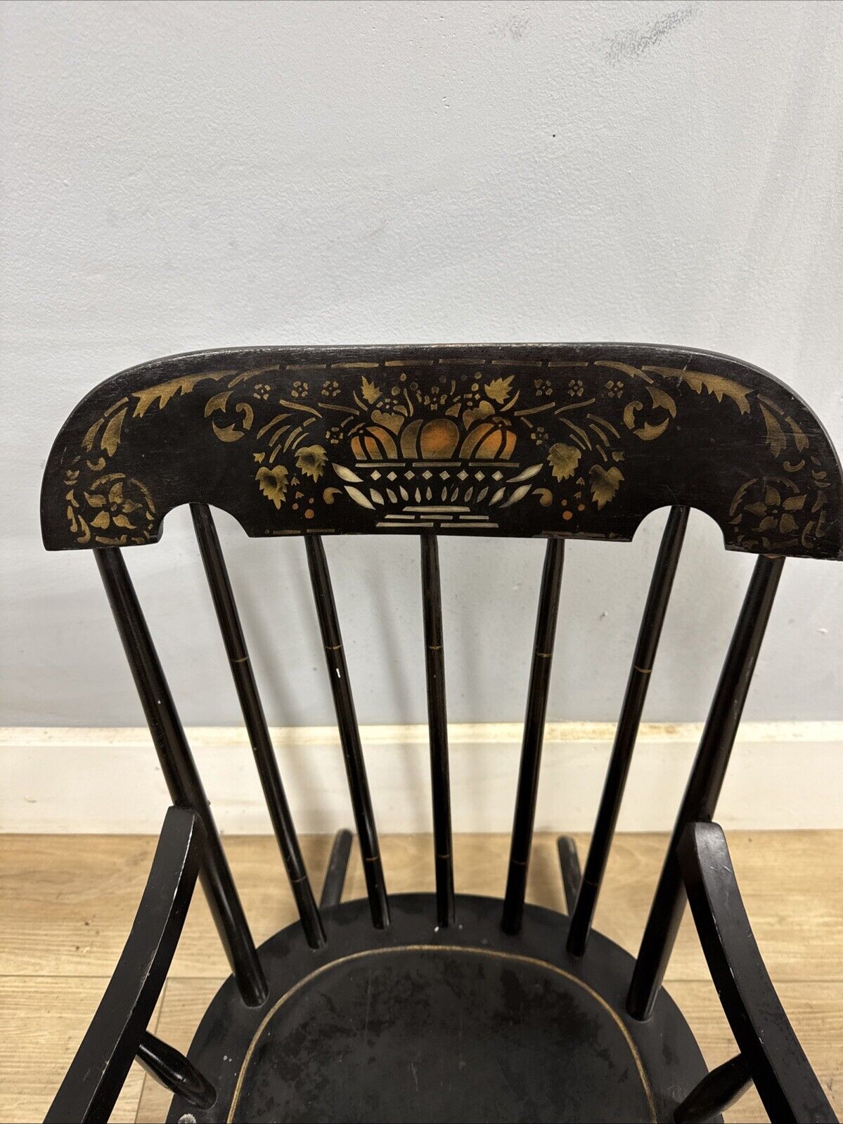 Vintage Nichols and Stone Child's Boston Rocker Stenciled Black Chair Hitchcock