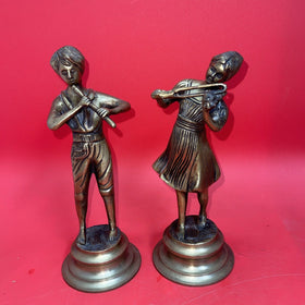 Brass Statues Figurines Boy And Girl Playing The Flute & Violin