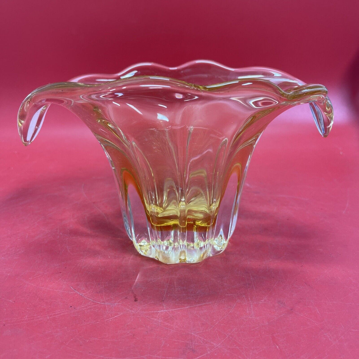 Hand Blown Murano Style Yellow Amber Art Glass Vase