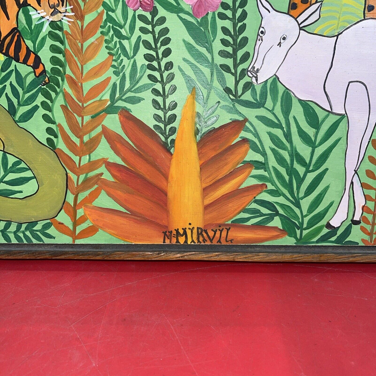 Haitian Jungle Art ,Artist M=Mirvil  Brilliant Colors Signed Framed 16Hx20w