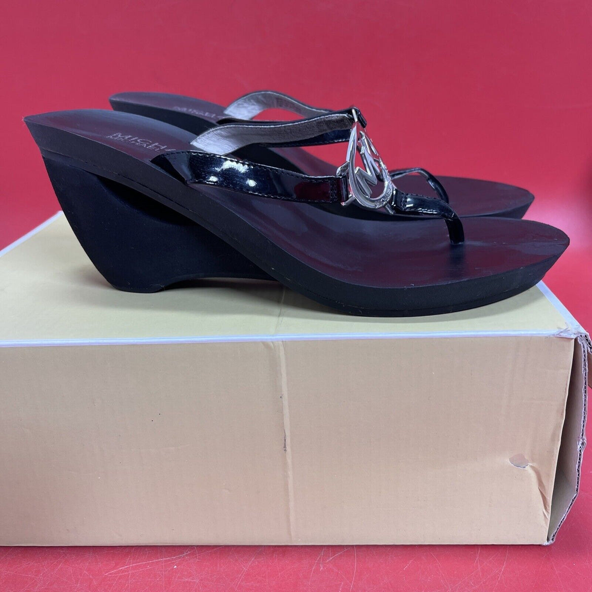 Michael Kors Black Patent Leather 3” Wedge Sandals Size 8