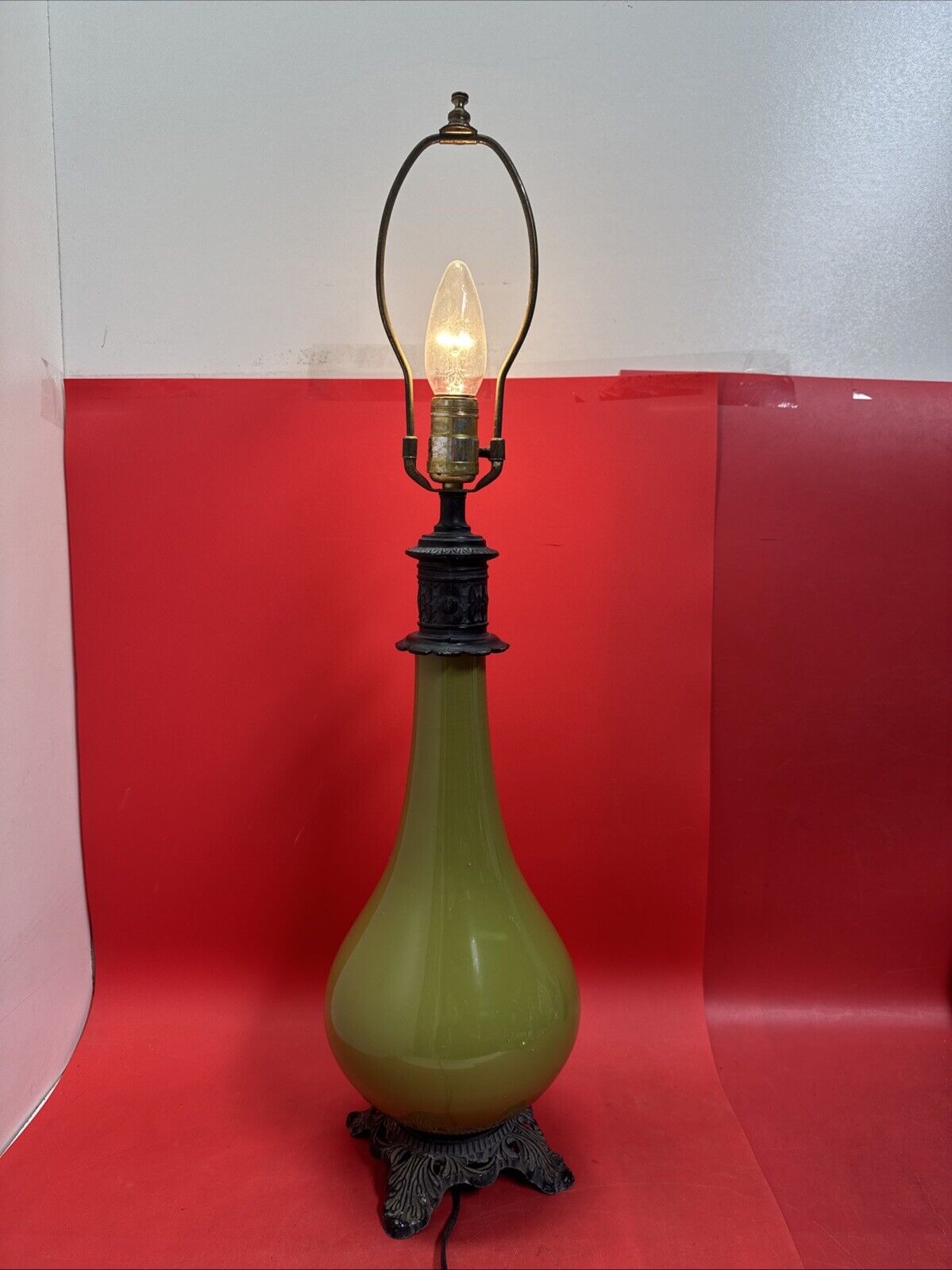 Vintage Gothic Green Porcelain and Brass Table Lamp 29.5” Tall