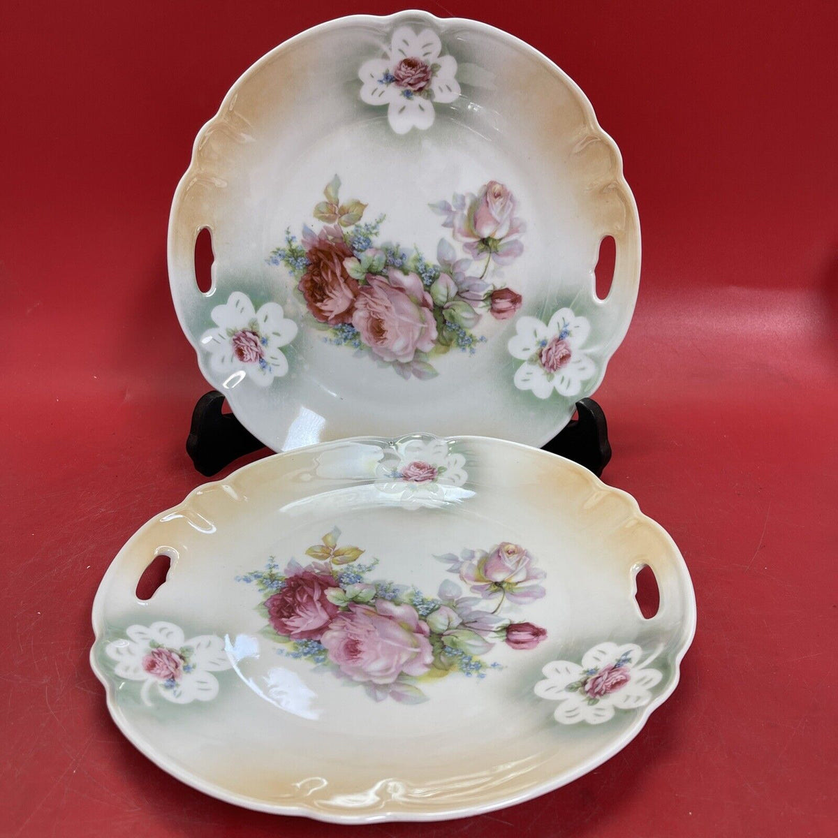 Germany Antique Plate Handles Floral roses 10” Lot2