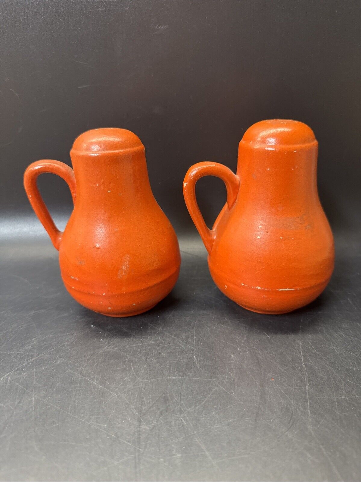 Vintage Pottery Orange Hand Painted Jug SALT & PEPPER Shakers