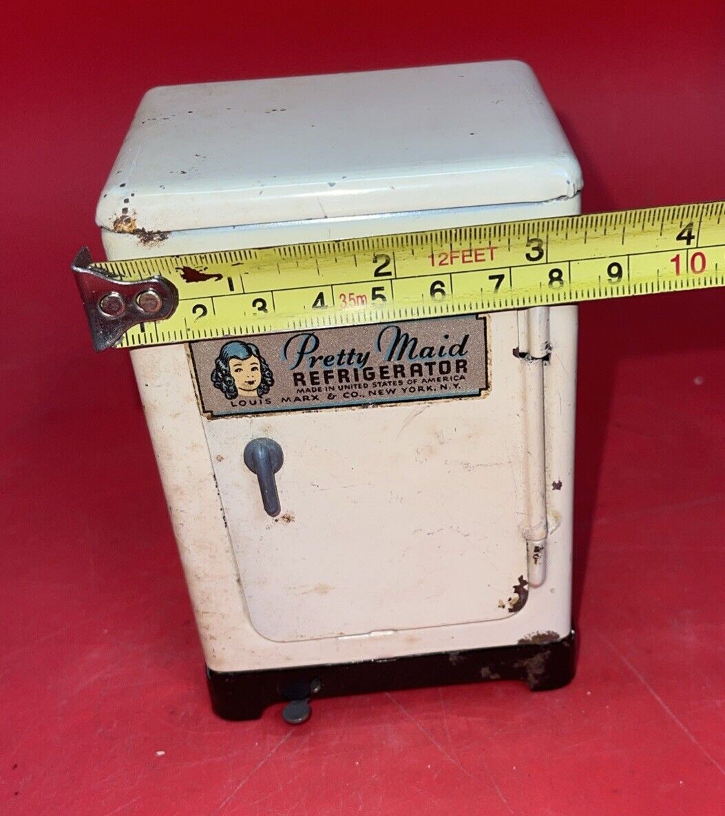 Vintage Marx Doll House Refrigerator Pretty Maid Tin Litho Toy Ice Box Fridge