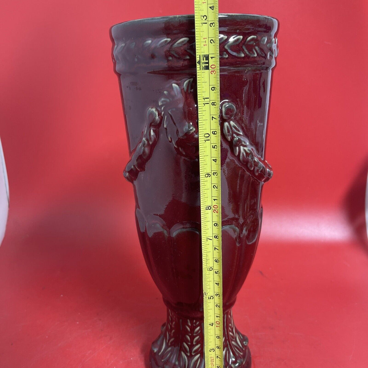 Hosley TM Potterie, Mid Century/Vintage Large Vase Art, Maroon Red, Heavy Glazed