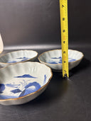 Japanese Ceramic Porcelain Blue White Scalloped Edge Bowls / Set Of 3