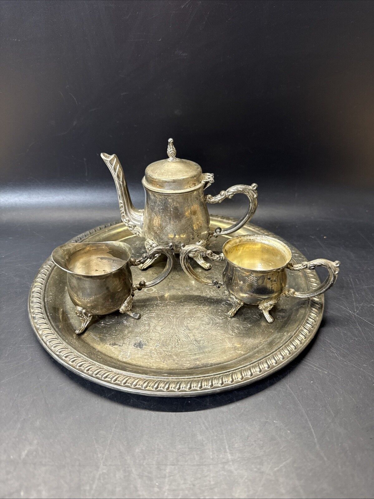 Tea Set Godinger Silver Art Individual Tea Pot/Creamer/ Sugar Bowl/Tray