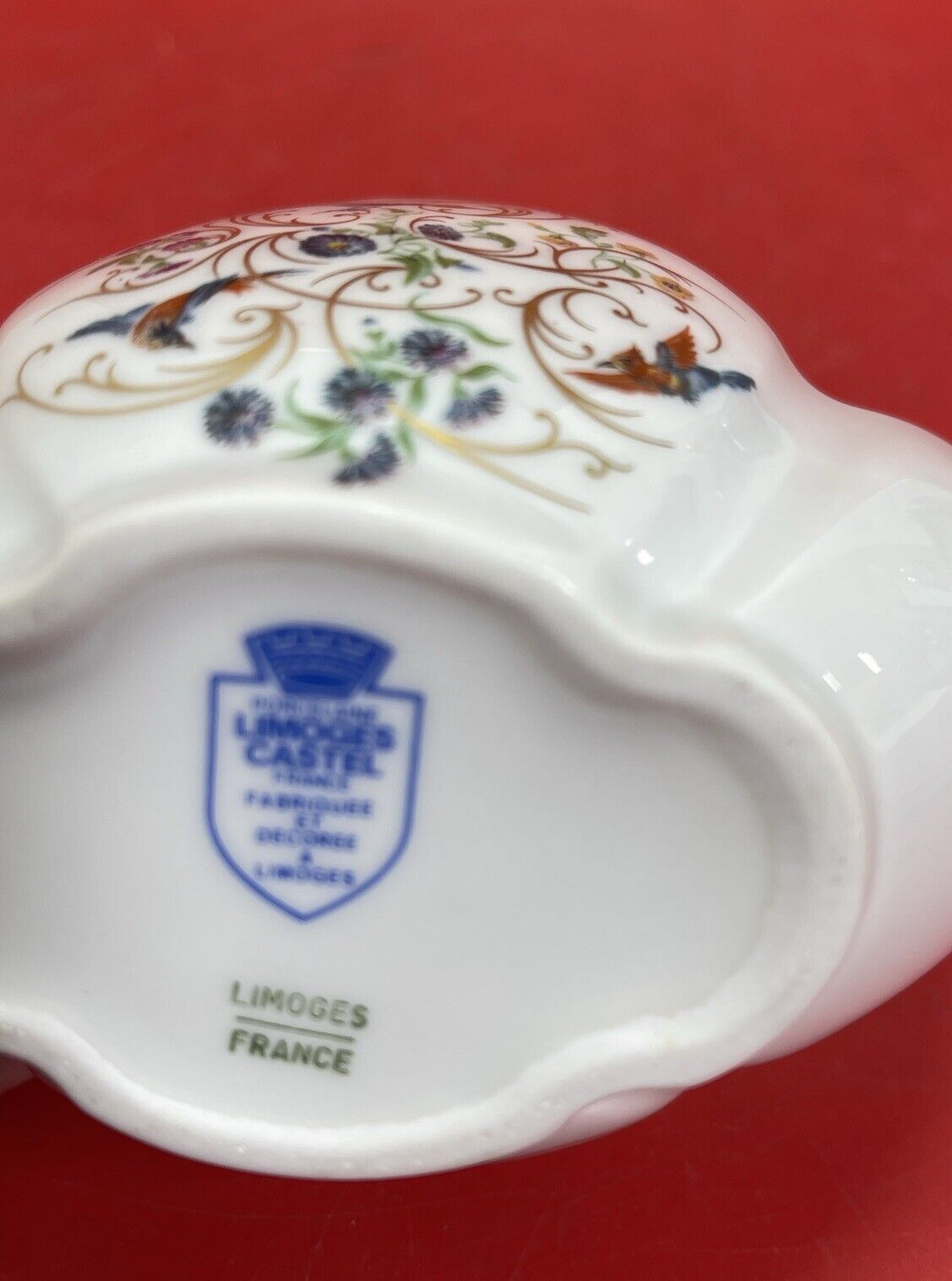 Vintage Limoges Castel France Porcelain Handled Basket Floral Birds Gilt 