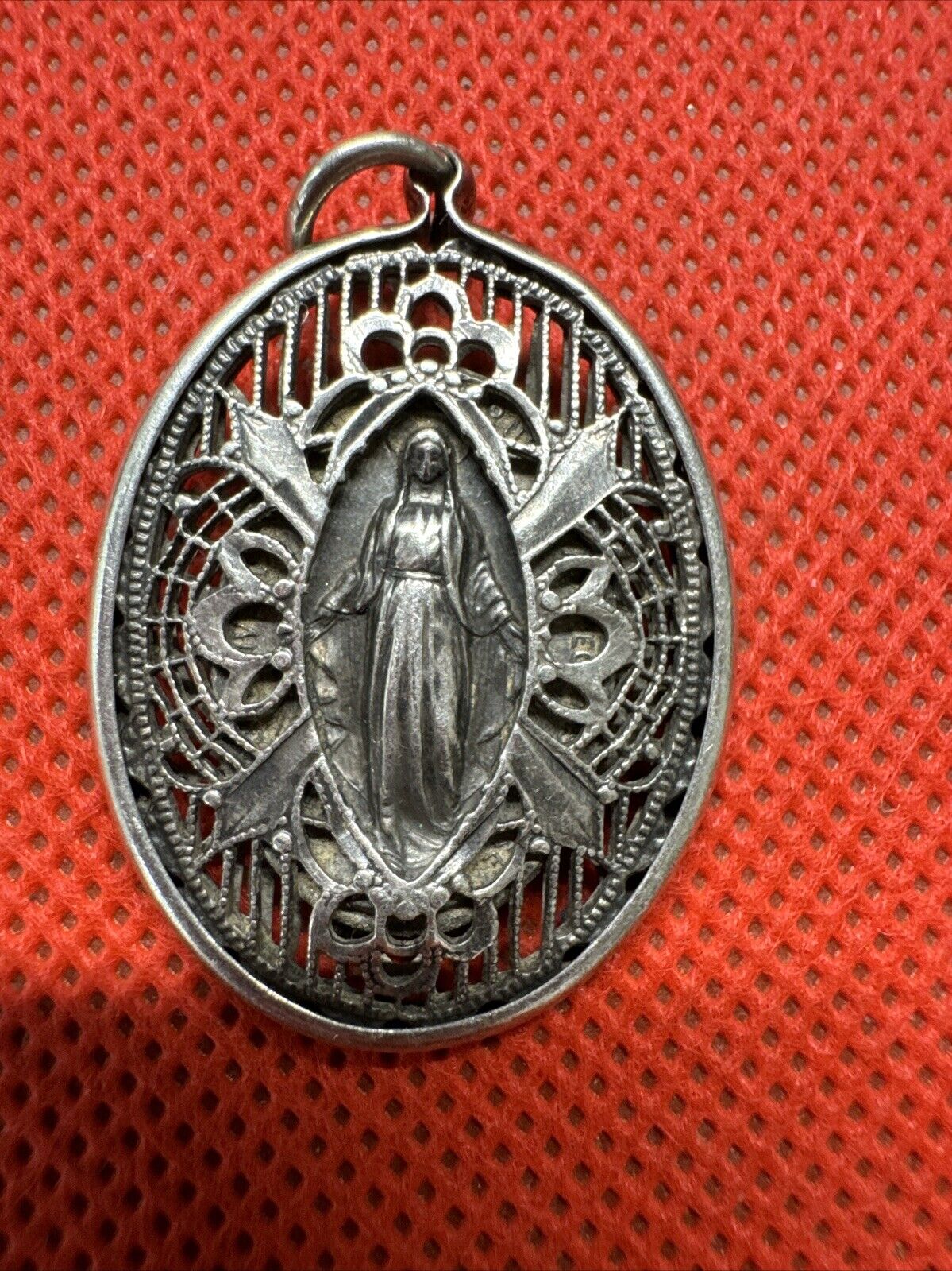 Vintage Sterling Silver Catholic Religious Caged Filigree Miraculous Medal