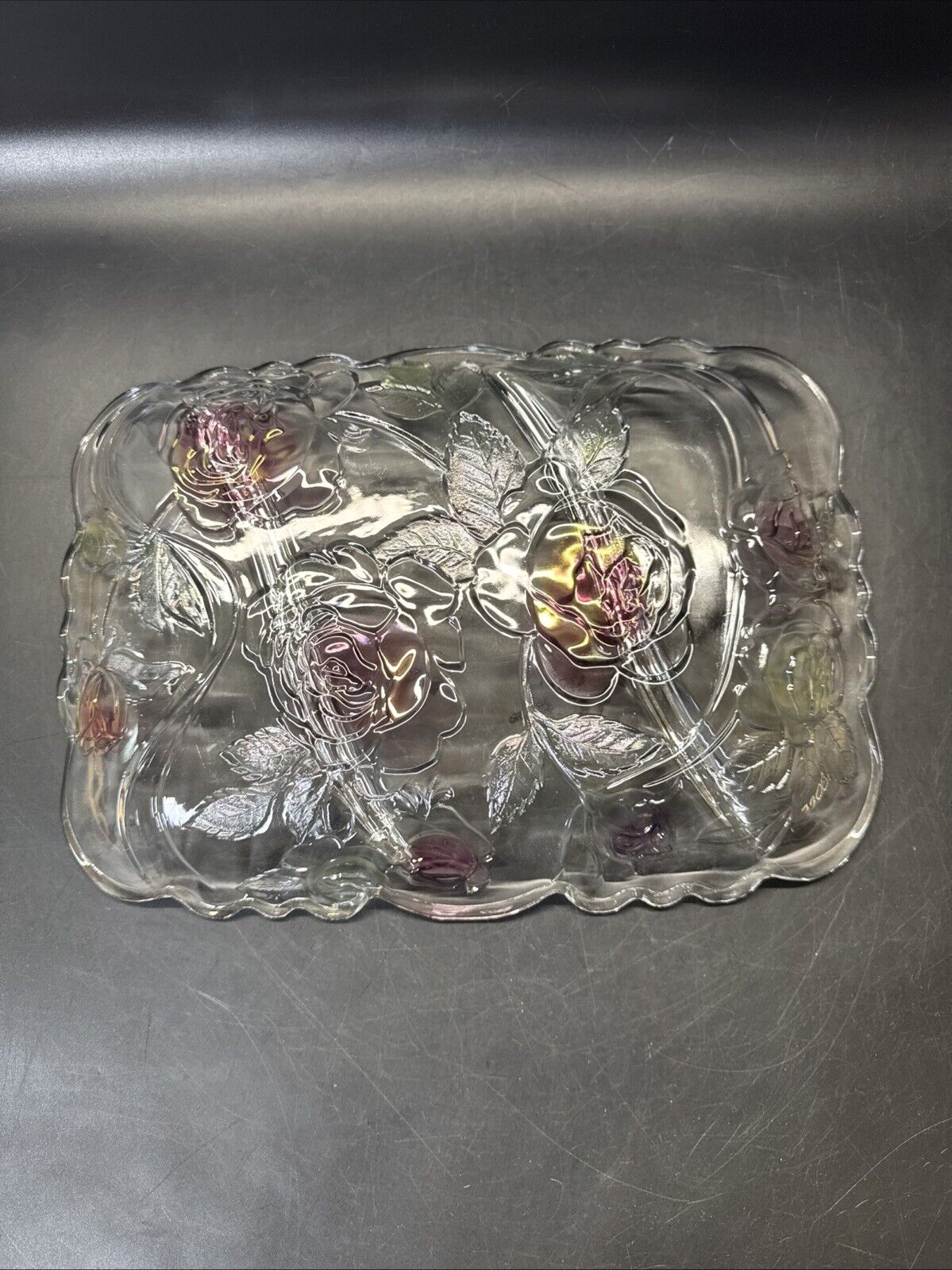 Glass Rectangular Serving Tray/Platter With Flower