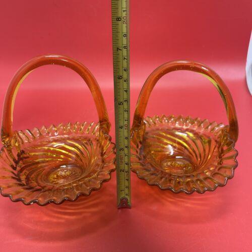 Amber glass basket ruffle edge swirl tiny chip set 2