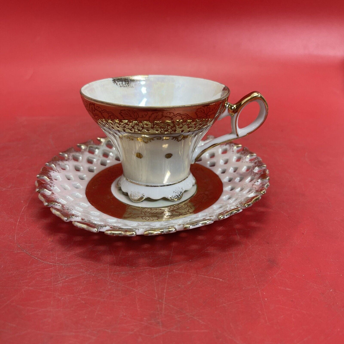 LM Royal Halsey Tea Cup & Saucer Very Fine Reticulated Gold Trim Vintage