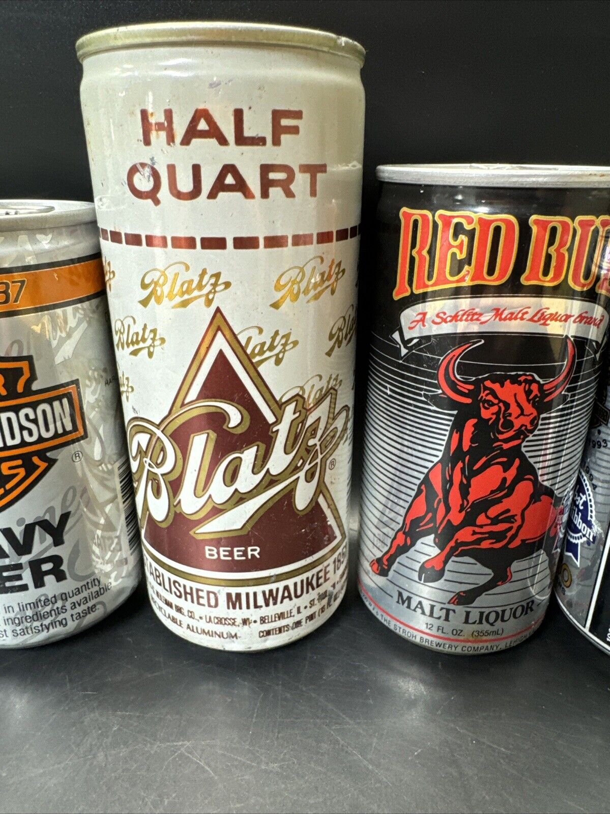 Vintage Beer Cans- Blatz, Red Bull, Billy, Harley Davidson,…/ Lot Of 7