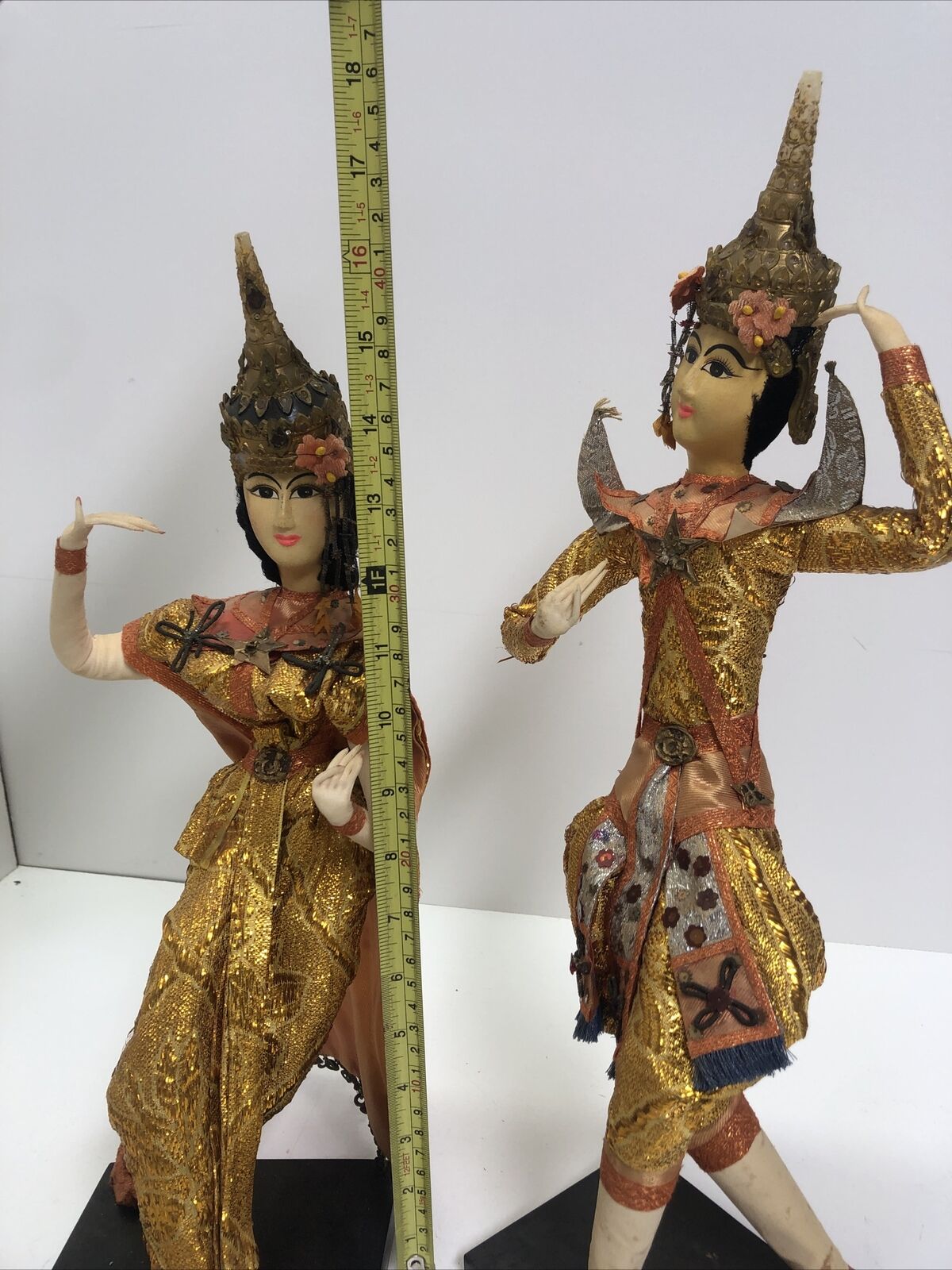 2 Vtg Handmade Thailand Bangkok Cloth Doll Silk Screen Dancer Wood Stand